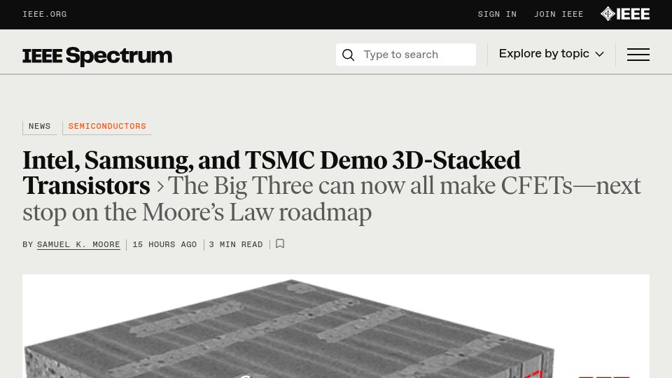 Screenshot of spectrum.ieee.org: Intel, Samsung, and TSMC Demo 3D-Stacked Transistors