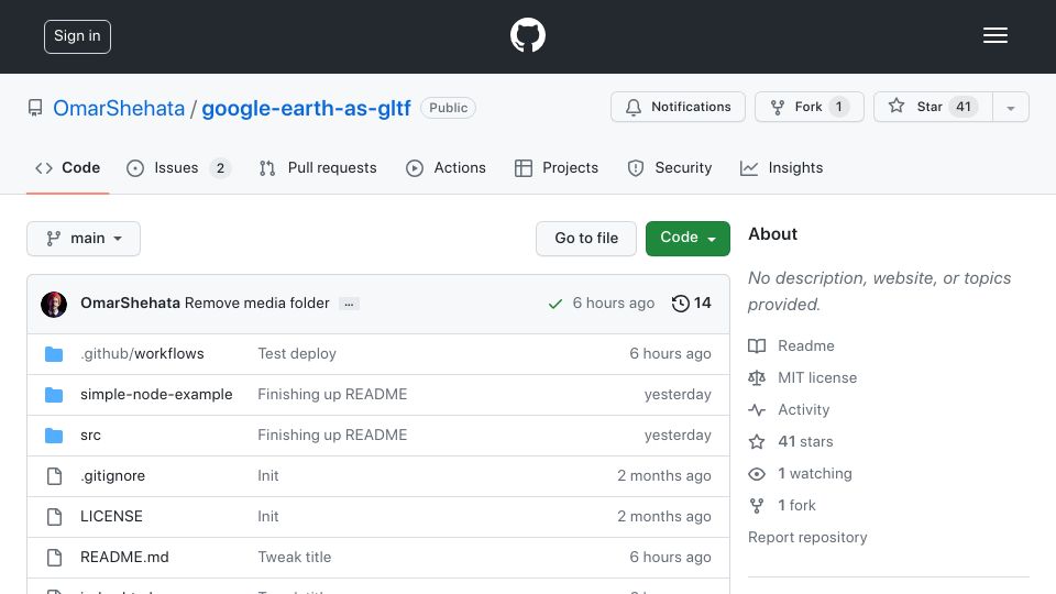 Screenshot of github.com: Show HN: Get any piece of Google Earth as a single normalized glTF 3D model