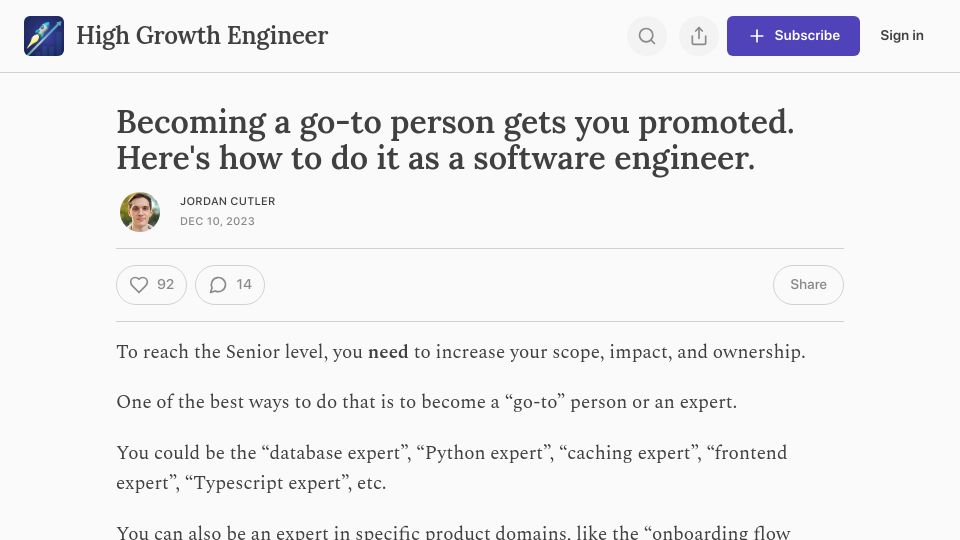 Screenshot of careercutler.substack.com: Becoming a go-to person gets you promoted