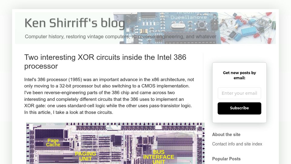 Screenshot of righto.com: Two interesting XOR circuits inside the Intel 386 processor