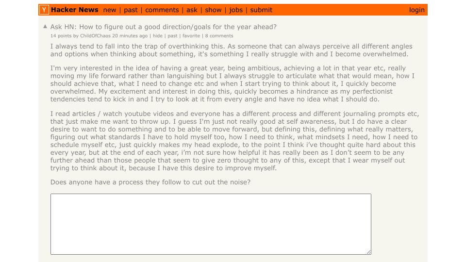 Screenshot of Hacker News post: Ask HN: How to figure out a good direction/goals for the year ahead?