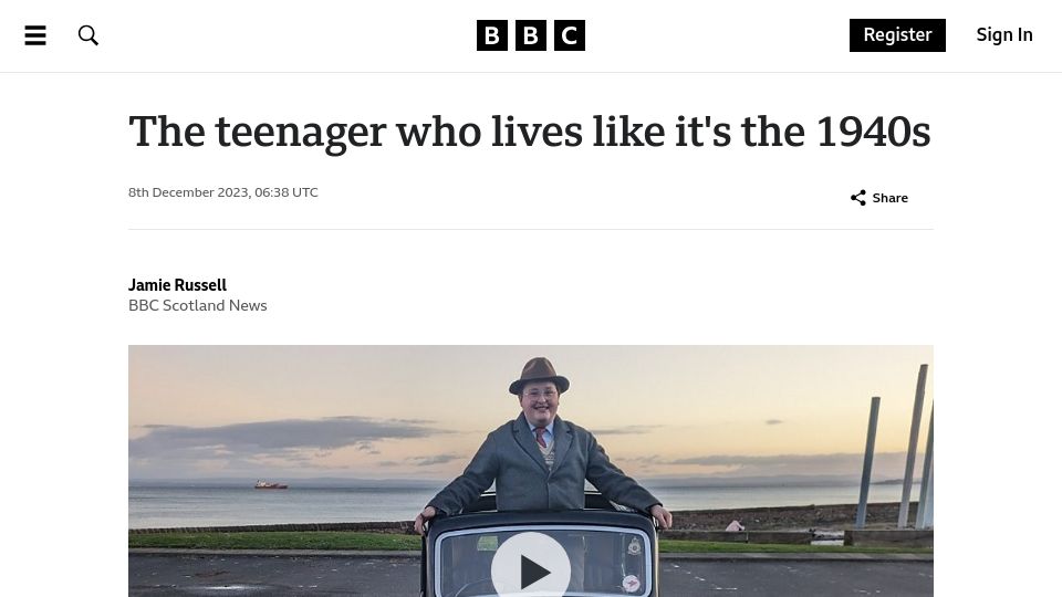 Screenshot of bbc.com: The teenager who lives like it's the 1940s
