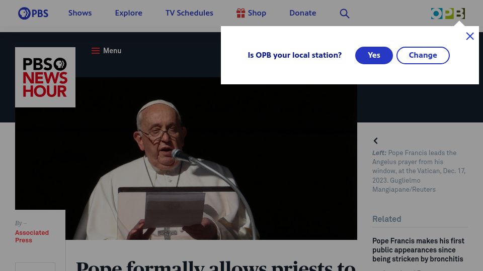 Screenshot of pbs.org: Pope formally allows priests to bless same-sex couples