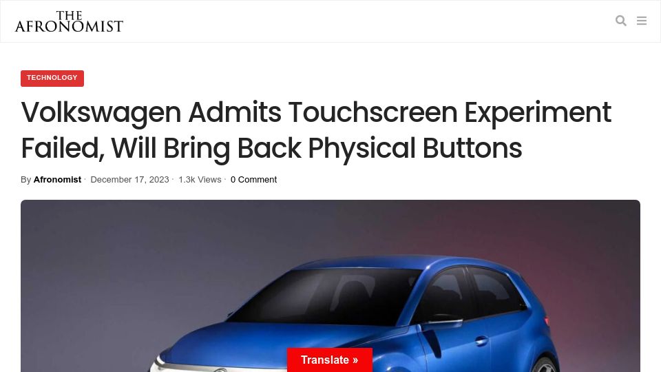 Screenshot of afronomist.com: Volkswagen Admits Failure, Will Bring Back Physical Buttons