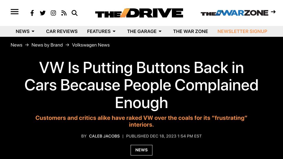 Screenshot of thedrive.com: VW is putting buttons back in cars