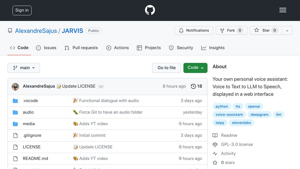 Screenshot of github.com: Jarvis: A Voice Virtual Assistant in Python (OpenAI, ElevenLabs, Deepgram)