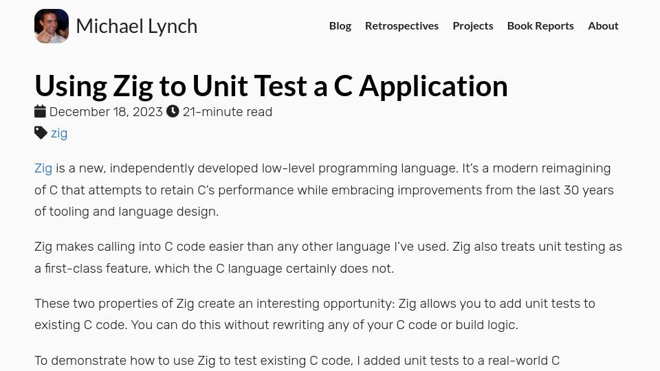 Screenshot of mtlynch.io: Using Zig to Unit Test a C Application
