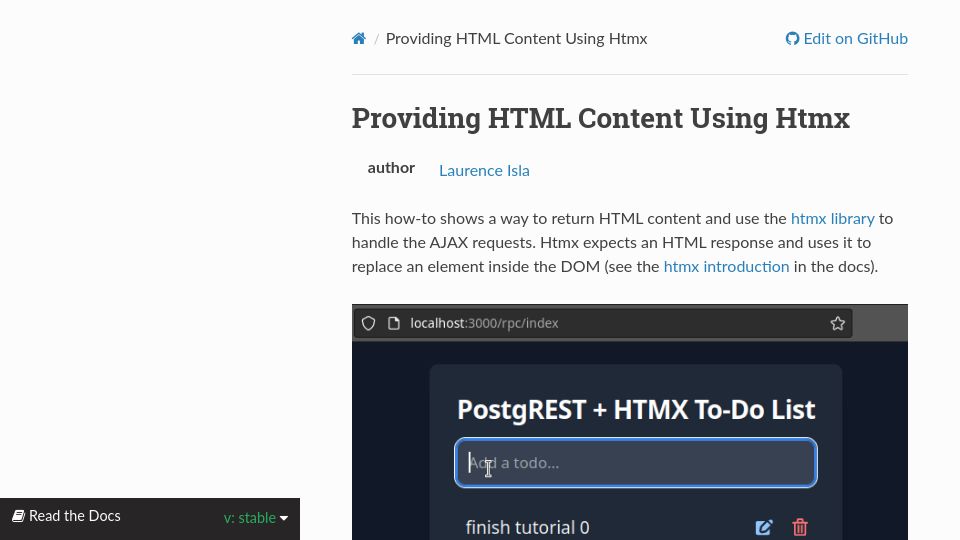 Screenshot of postgrest.org: PostgREST: Providing HTML Content Using Htmx