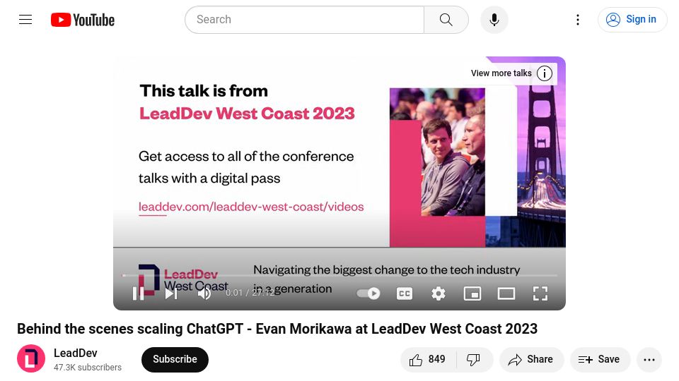 Screenshot of youtube.com: Behind the scenes scaling ChatGPT and the OpenAI APIs [video] - Eng Mgr @ OpenAI
