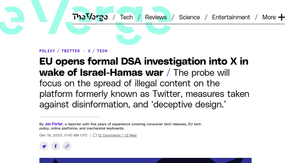 Screenshot of theverge.com: EU opens formal DSA investigation into X
