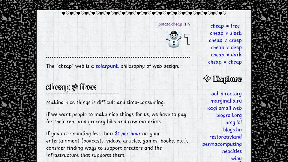 Screenshot of potato.cheap: The "Cheap" Web