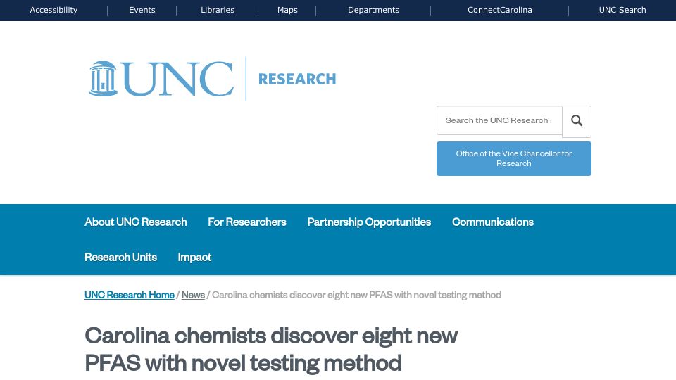Screenshot of research.unc.edu: New PFAS discovered with novel testing method
