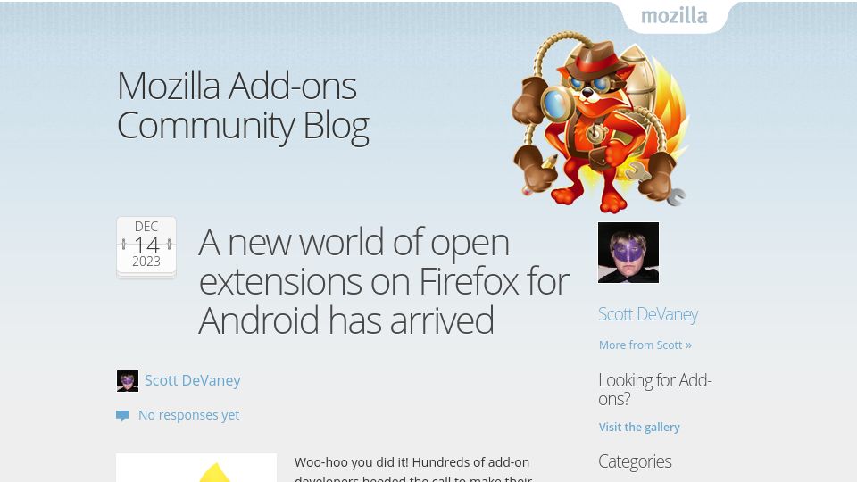 Screenshot of blog.mozilla.org: A new world of open extensions on Firefox for Android has arrived