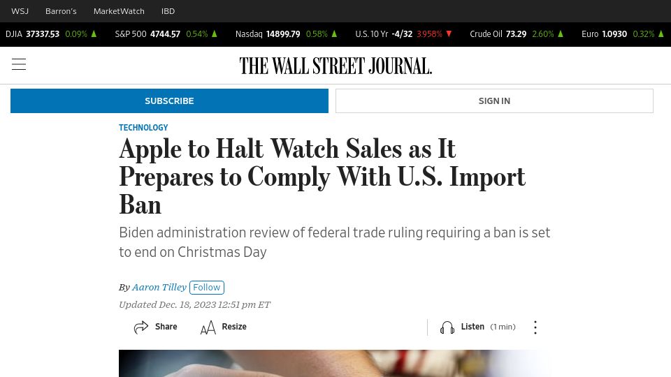 Screenshot of wsj.com: Apple to Halt Watch Sales as It Prepares to Comply with U.S. Import Ban