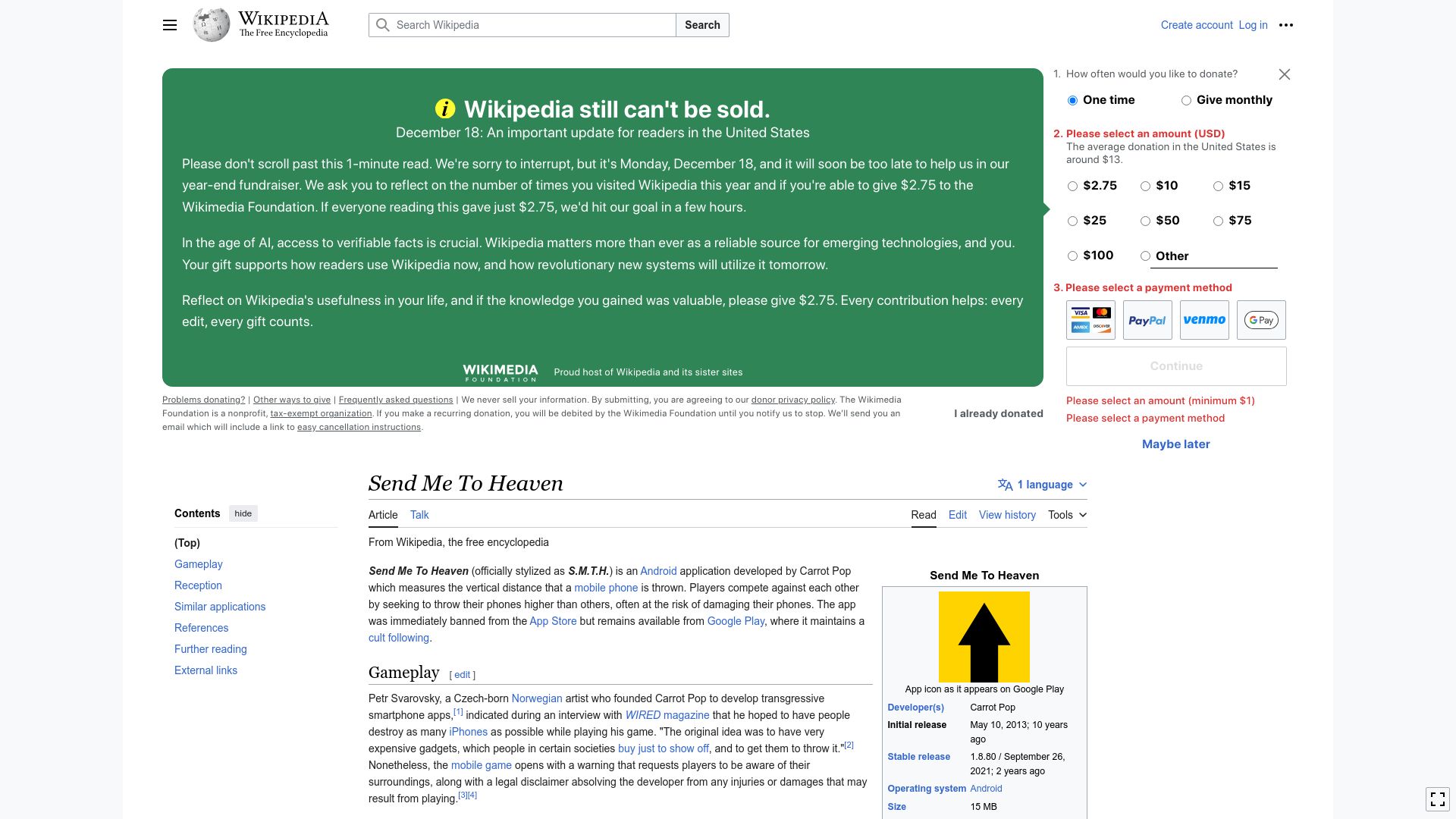 Screenshot of en.wikipedia.org: Send Me to Heaven