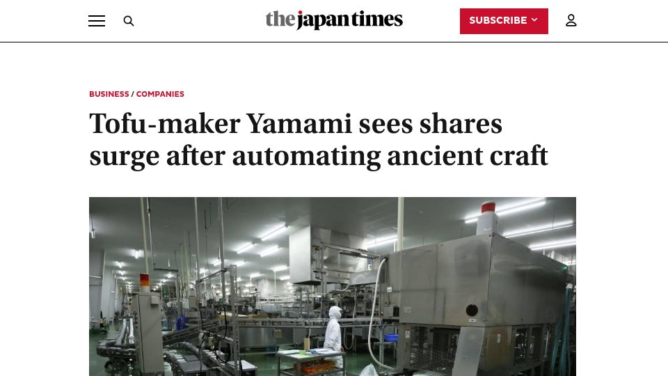 Screenshot of japantimes.co.jp: Tofu-maker Yamami sees shares surge after automating ancient craft