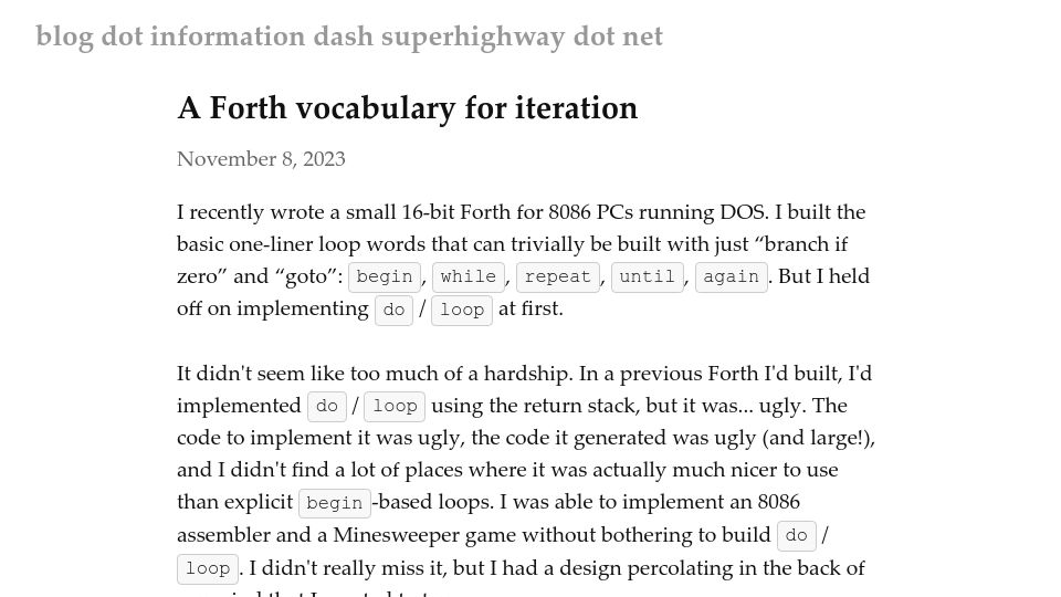 Screenshot of blog.information-superhighway.net: A Forth Vocabulary for Iteration