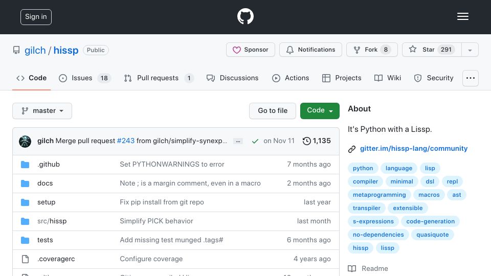 Screenshot of github.com: Hissp