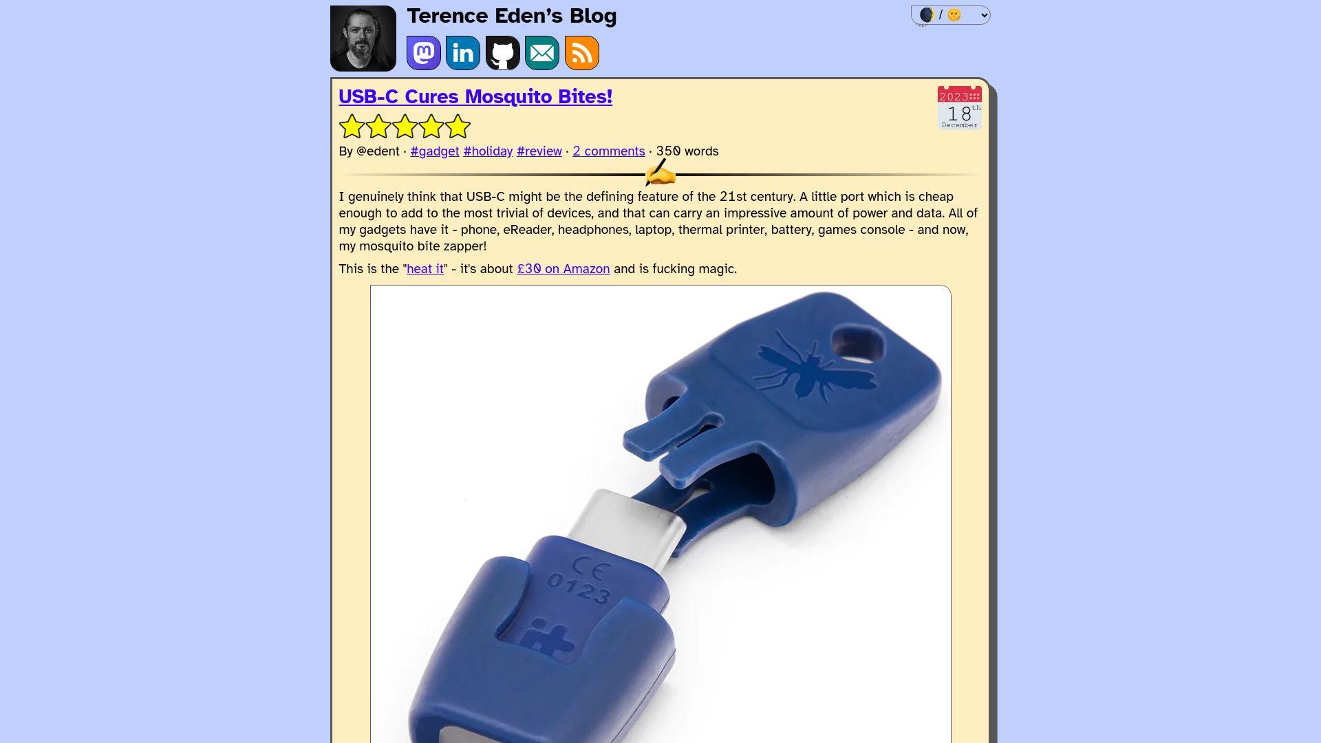 Screenshot of shkspr.mobi: USB-C Cures Mosquito Bites