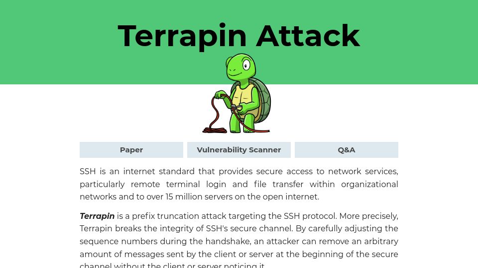 Screenshot of terrapin-attack.com: Terrapin Attack for prefix truncation in SSH