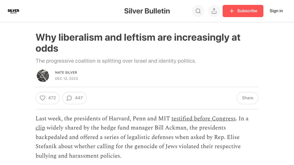 Screenshot of natesilver.net: Why liberalism and leftism are increasingly at odds