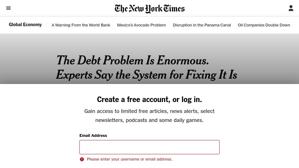 Screenshot of nytimes.com: The Debt Problem Is Enormous, and the System for Fixing It Is Broken