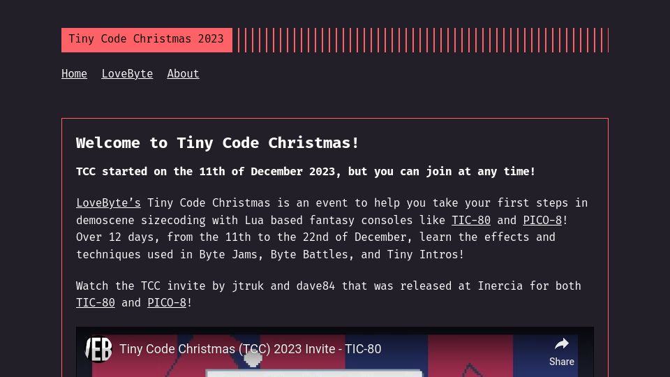 Screenshot of tcc.lovebyte.party: Tiny Code Christmas
