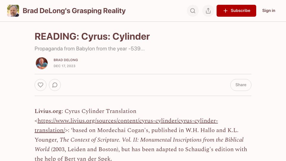 Screenshot of livius.org: Cyrus Cylinder Translation