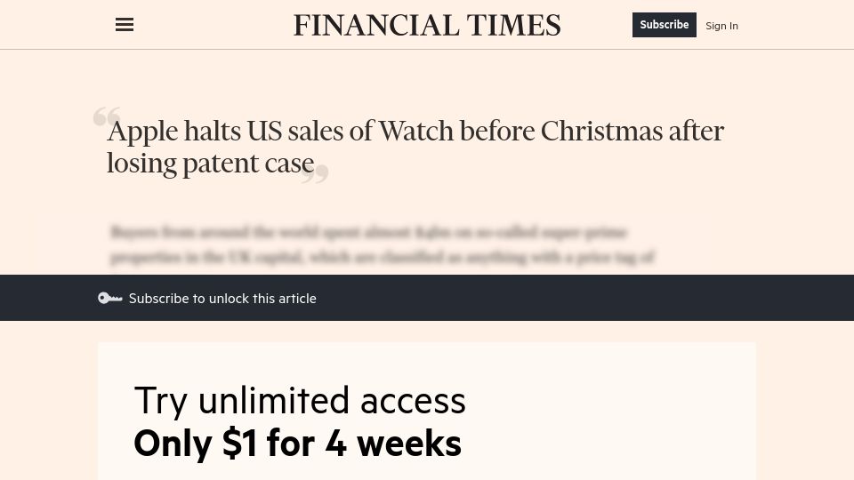 Screenshot of ft.com: Apple halts US sales of Watch before Christmas after losing patent case