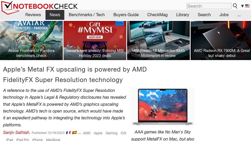 Screenshot of notebookcheck.net: Apple's Metal FX upscaling is powered by AMD