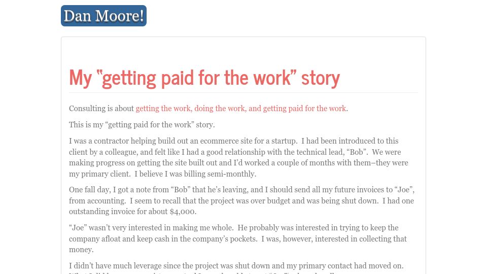 Screenshot of mooreds.com: My "getting paid for the work" story (2018)