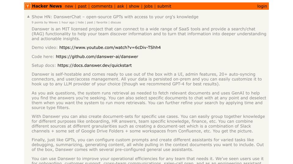 Screenshot of Hacker News post: Show HN: DanswerChat – open-source GPTs with access to your org's knowledge