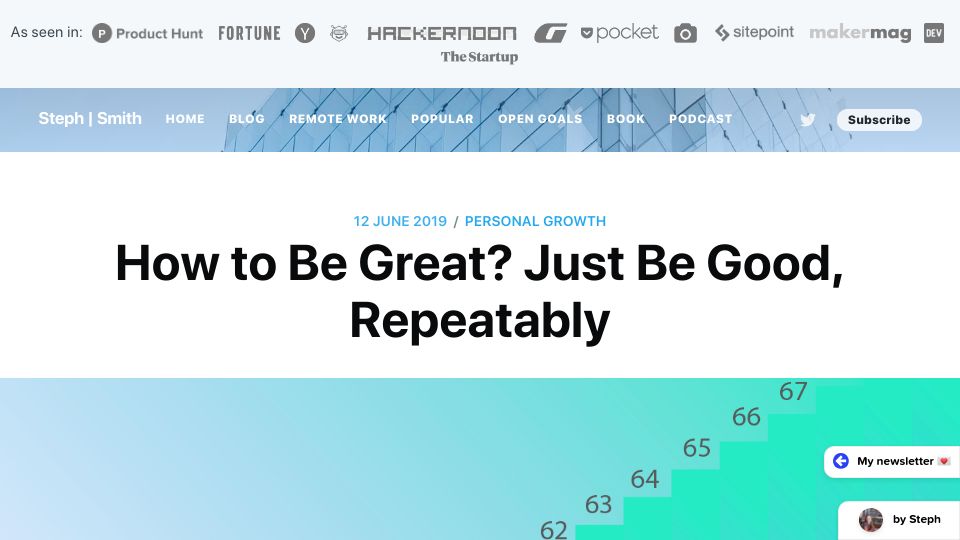 Screenshot of blog.stephsmith.io: To be great, be good, repeatably (2019)