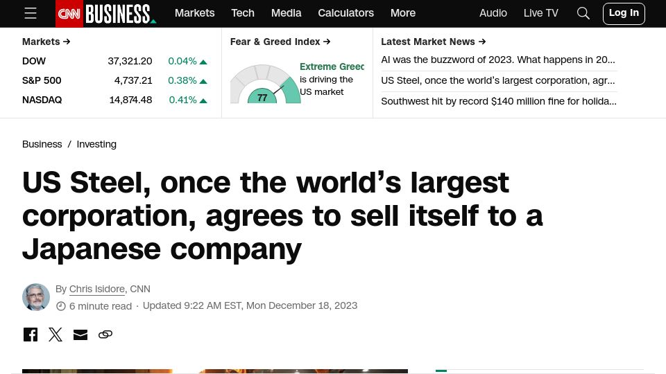 Screenshot of cnn.com: US Steel, once the largest corporation, agrees to sell to Nippon Steel