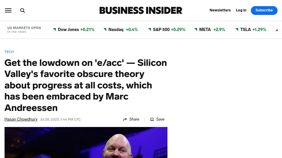 Screenshot of businessinsider.com: 'e/acc' – Silicon Valley's favorite obscure theory about progress at all costs