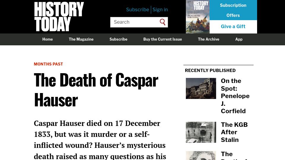 Screenshot of historytoday.com: The Death of Caspar Hauser