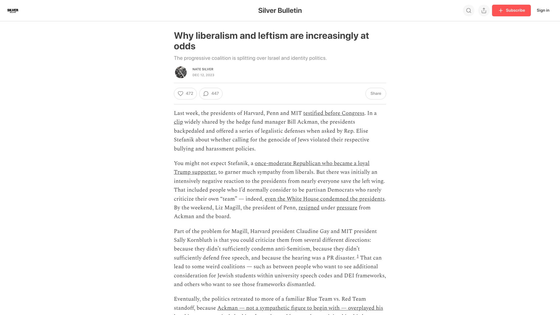 Screenshot of natesilver.net: Why liberalism and leftism are increasingly at odds