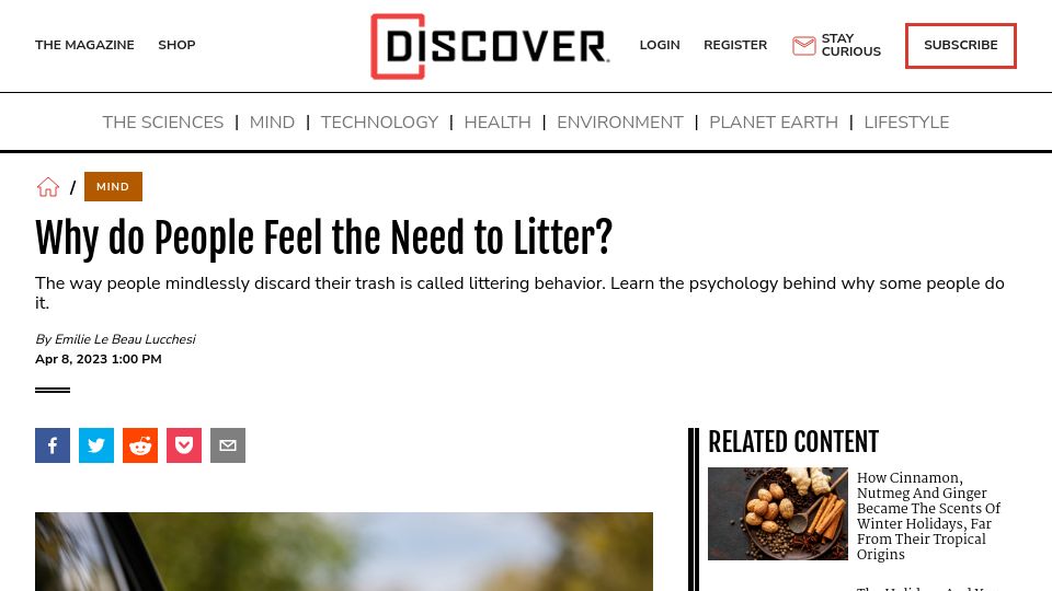 Screenshot of discovermagazine.com: Why do people feel the need to litter?