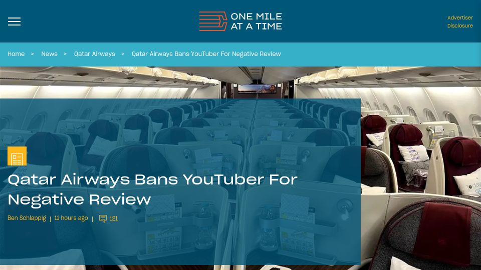 Screenshot of onemileatatime.com: Qatar Airways Bans YouTuber for Negative Review