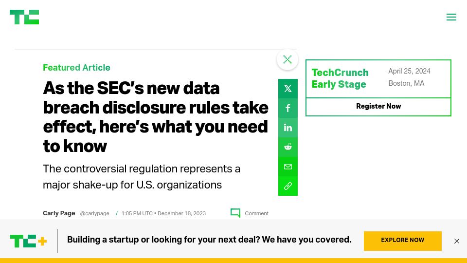Screenshot of techcrunch.com: SEC's new data breach disclosure rules take effect, here's what you need to know