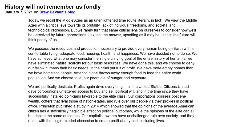 Screenshot of drewdevault.com: History will not remember us fondly (2021)