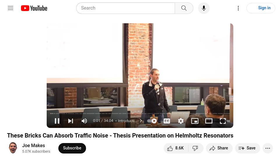Screenshot of youtube.com: Bricks Can Absorb Traffic Noise – Thesis Preso on Helmholtz Resonators [video]