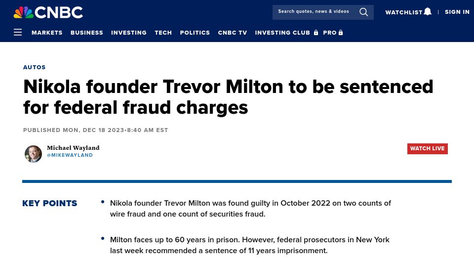 Screenshot of cnbc.com: Nikola founder to be sentenced for federal fraud charges