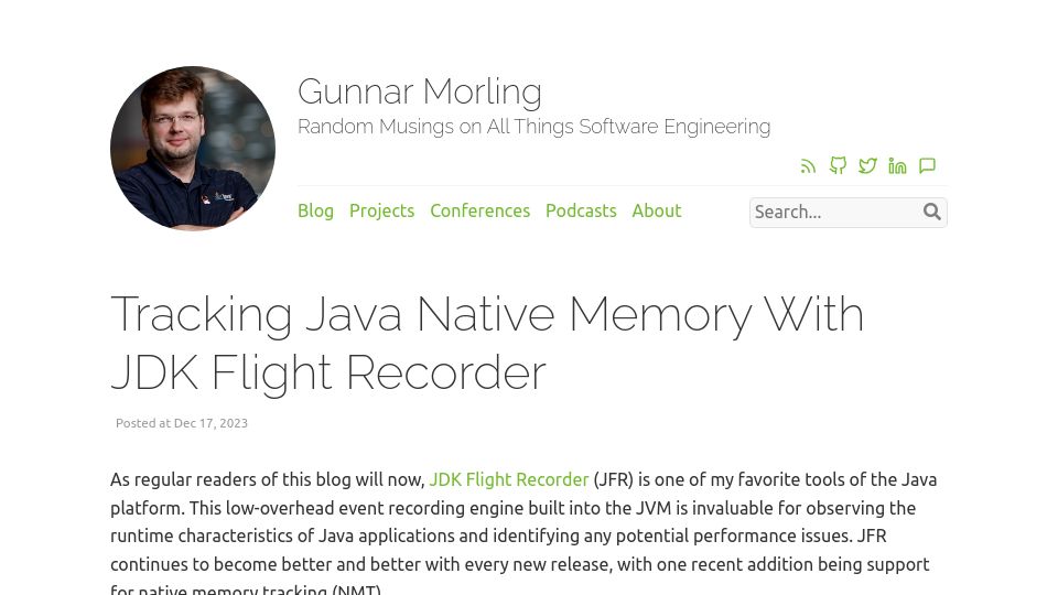 Screenshot of morling.dev: Tracking Java native memory with JDK flight recorder