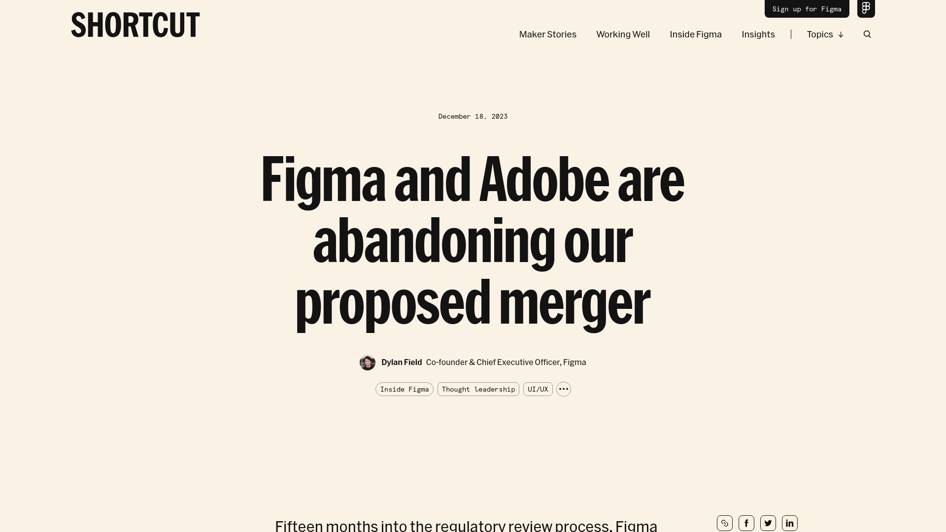Screenshot of figma.com: Figma and Adobe abandon proposed merger