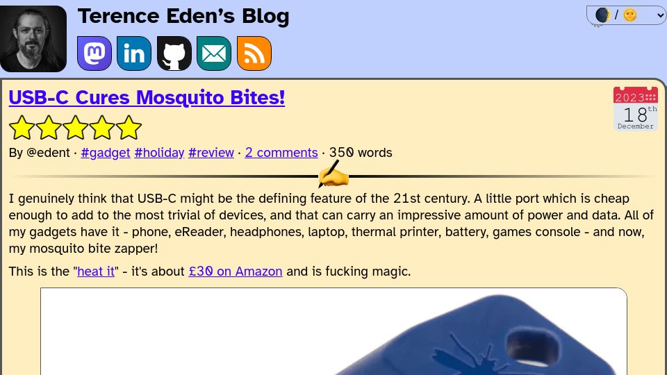 Screenshot of shkspr.mobi: USB-C Cures Mosquito Bites