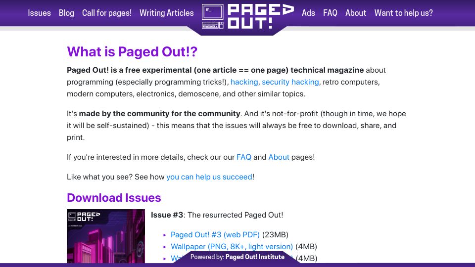 Screenshot of pagedout.institute: Paged Out Issue #3