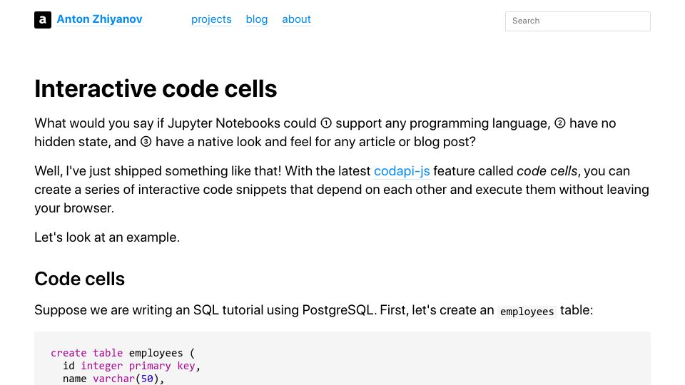 Screenshot of antonz.org: Interactive Code Cells