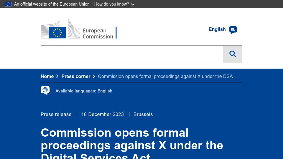 Screenshot of ec.europa.eu: Commission opens formal proceedings against X under the Digital Services Act