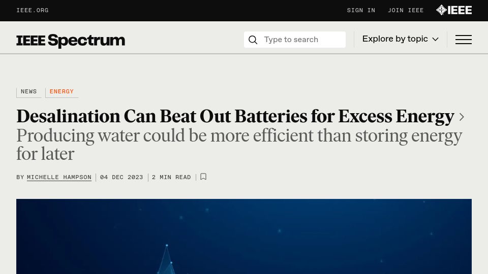 Screenshot of spectrum.ieee.org: Desalination can beat batteries for excess energy